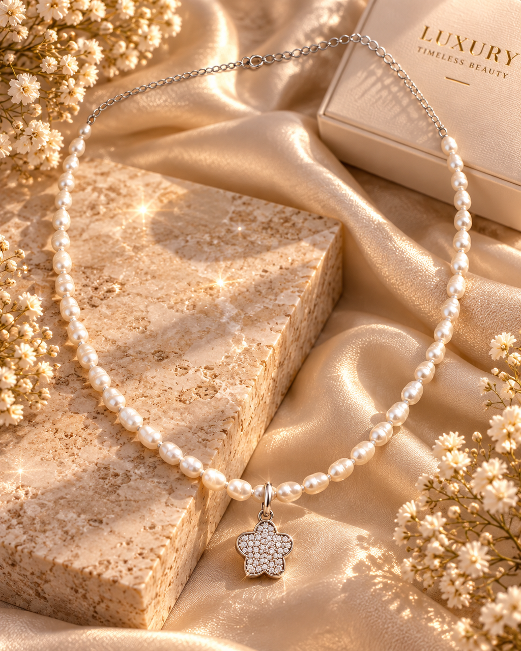 🤍 Collar de Perlas Naturales con Flor